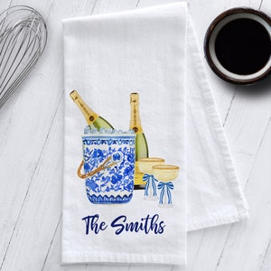 Personalized Blue and White Chinoiserie Champagne Bucket Tea Towel, Preppy Tea Towel, Chinoiserie Tea Towel, Personalized Gift