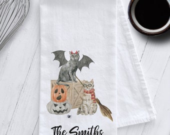 Personalized Halloween Cats Tea Towel, Halloween Tea Towel,Cat Lover Gift, Cats in Costumes, Halloween Kitchen Towel