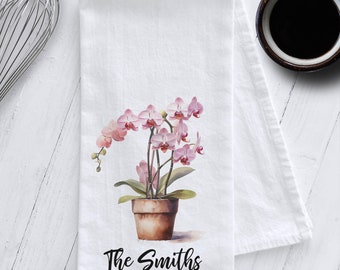 Personalized Pink Orchid Design Kitchen Tea Towel, Personalized Gift, Floral Tea Towel, Mother's Day Tea Towel, Orchid Tea Towel