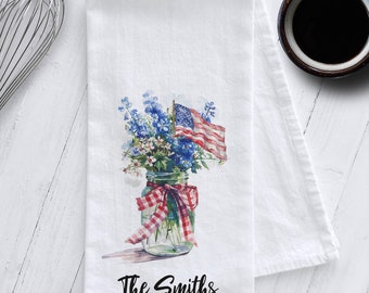 Personalized Wildflowers with American Flag Tea Towel, Summer Tea Towel, USA, Patriotic Tea Towel, Memorial Day, July 4th, Patriotic Kitchen