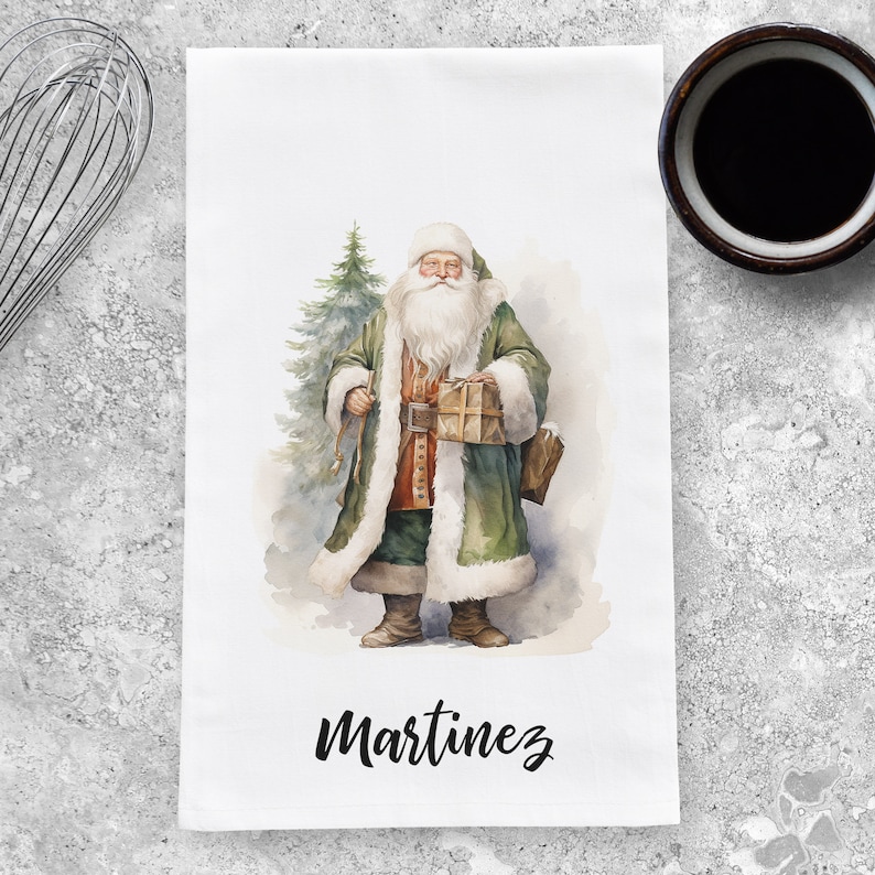 May include: A watercolor illustration of Santa Claus holding a gift, wearing a green coat with white fur trim, and standing next to a green Christmas tree. The text "Martinez" is printed below the image.