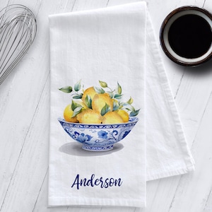 Personalized Lemons in Blue and White Chinoiserie Bowl Tea Towel, Preppy Tea Towel, Chinoiserie Tea Towel, Personalized Gift