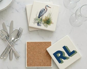 Personalized Blue Heron Coaster Set, Monogram Ceramic Coasters, Coastal Bird Gift, Housewarming Gift, Set of 4