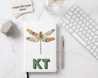 Personalized Dragonfly Journal, Cottagecore Notebook, Custom Monogram Vegan Leather Journal, Watercolor Dragonfly Gift for Her