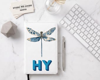 Personalized Blue & White Chinoiserie Dragonfly Journal, Custom Monogram Vegan Leather Notebook, Gift for Her