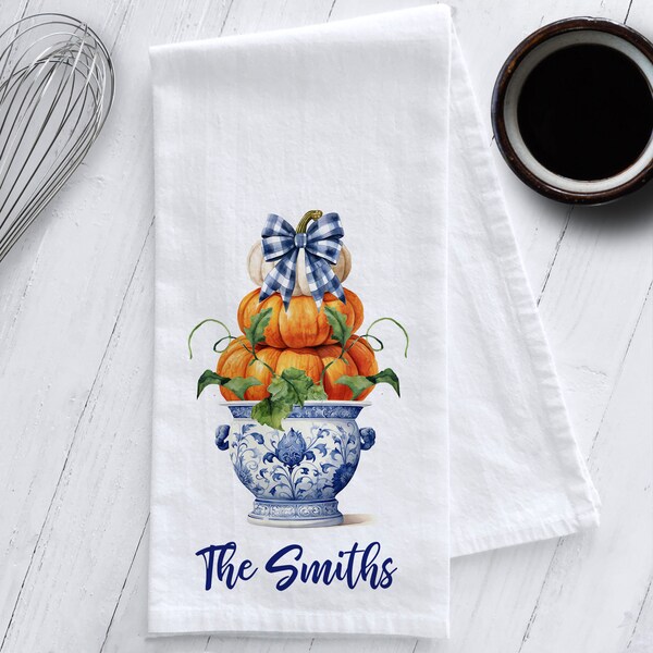 Personalized Chinoiserie Pumpkin Tea Towel, Chinoiserie Tea Towel, Personalized Fall Gift, Chinoiserie Pumpkins