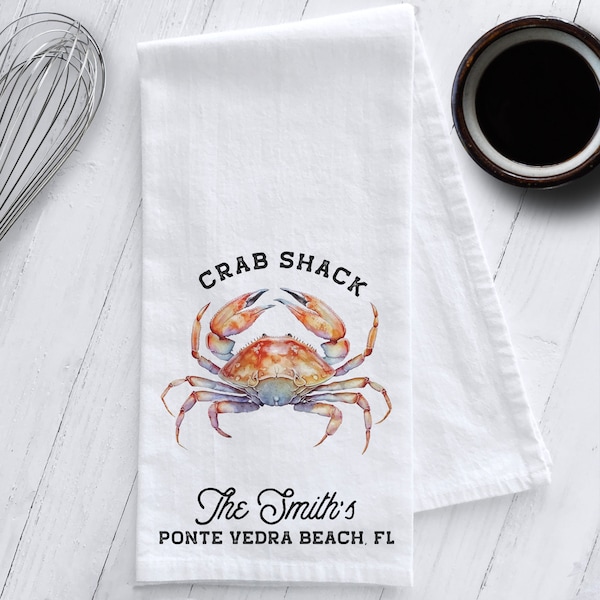 Personalized Crab Tea Towel, Summer Tea Towel, Crab Shack Tea Towel, Coastal Tea Towel, Beach Tea Towel, Beach House Decor