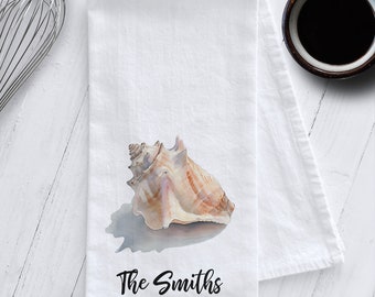Personalized Conch Shell Kitchen Tea Towel, Seashell Decor, Personalized Coastal Decor, Seashell Tea Towel, Personalized Gift