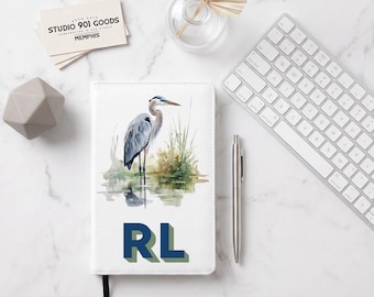 Personalized Blue Heron Journal, Custom Monogram Vegan Leather Notebook, Coastal Bird Gift, Gift Boxed Notebook