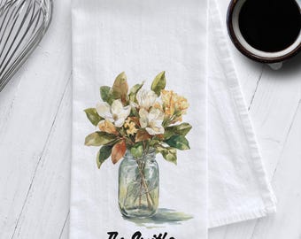 Personalized Magnolia Kitchen Tea Towel, Magnolia Tea Towel, Magnolia Kitchen Decor, Cottagecore Tea Towel, Magnolia Blossoms