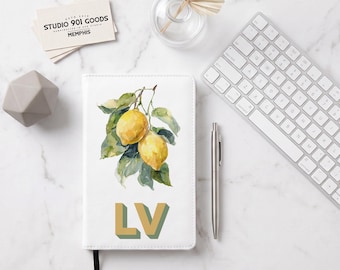 Personalized Lemon Journal, Watercolor Lemon Vegan Leather Notebook, Custom Monogram Refillable Gift for Her