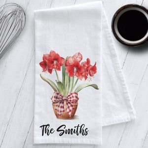 Personalized Christmas Amaryllis Kitchen Tea Towel, Amaryllis Tea Towel, Personalized Gift, Tea Towel Gift, Christmas Tea Towel