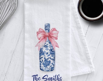 Personalized Blue and White Chinoiserie Champagne Bottle Tea Towel,Preppy Tea Towel,Chinoiserie Tea Towel, Personalized Gift, Grandmillenial