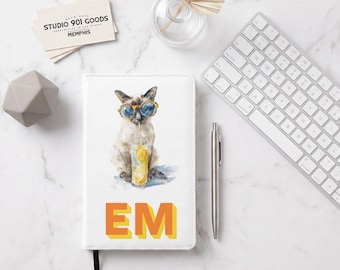 Personalized Lemonade Cat Journal, Custom Monogram Vegan Leather Notebook, Refillable Cat Lover Gift for Her