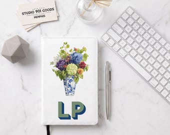 Personalized Hydrangea Journal | Monogram Vegan Leather Notebook | Blue & White Chinoiserie Gift for Her | Refillable Journal