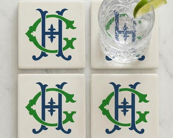 Custom Interlocking Monogram Ceramic Coasters Set of 4 | Personalized Two Letter Initial Decor | Vintage Inspired Wedding Couple Gift