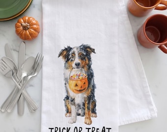 Halloween Dog Tea Towel, Trick or Treat Kitchen Towel, Dog Lover Gift, Halloween Kitchen Towel, Fall Kitchen Decor, Australian Shepherd Gift