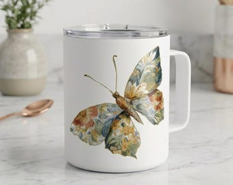 Personalized Butterfly Insulated Mug, Custom Monogram Camp Mug, Cottage Floral 12 oz Travel Coffee Cup, Gift for Her