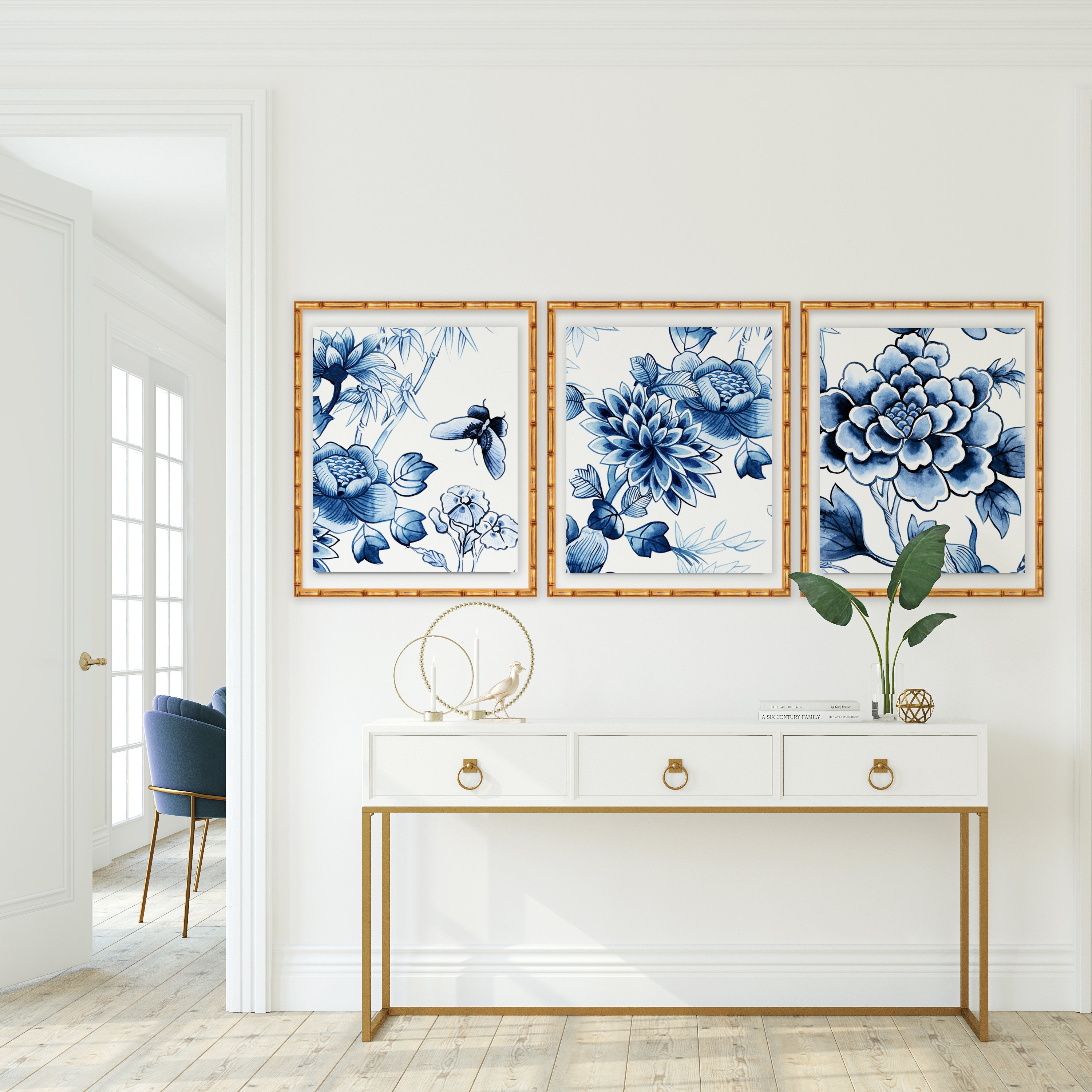 Watercolor B/W Chinoiserie Art Print Set, Chinoiserie Art, Chinoiserie Wall Art, Wall Art Prints, Blue and White Art, Grandmillennial Decor