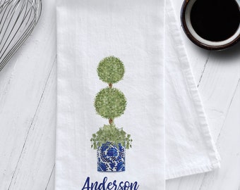Personalized Topiary Tree in Blue & White Planter Tea Towel, Chinoiserie Tea Towel, Preppy Tea Towel, Personalized Mother&#39;s Day Gift