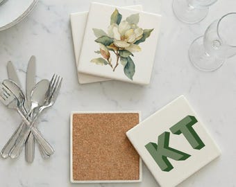 Personalized Magnolia Coaster Set, Monogram Ceramic Coasters, Southern Flower Gift, Housewarming Gift, Set of 4 Flower Coasters