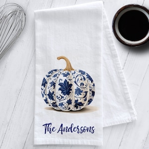 Personalized Chinoiserie Pumpkin Tea Towel, Chinoiserie Tea Towel, Personalized Fall Gift, Chinoiserie Pumpkins