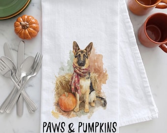 German Shepherd Fall Tea Towel, Paws and Pumpkins Dog Kitchen Towel, Autumn Flour Sack Towel, Fall Dog Lover Gift, Fall Tea Towel