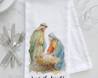 Nativity Scene Christmas Tea Towel – “Joy to the World” – Christmas Tea Towel, Nativity Tea Towel, Joy to the World Kitchen Towel