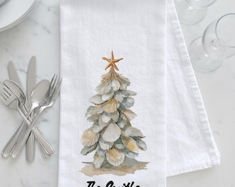 Coastal Christmas Shell Tree Tea Towel, Coastal Christmas, Beach Christmas Decor, Oyster Shell Christmas, Personalized Coastal Gift