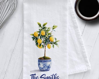 Personalized Lemon Tree Tea Towel,Lemon Tea Towel,Chinoiserie Tea Towel,Lemon Flour Sack Towel,Personalized Gift,Lemon Tree Tea Towel