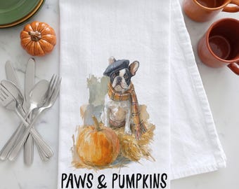 Fall Tea Towel | Personalized French Bulldog Pumpkin Kitchen Towel | Frenchie Dog Lover Autumn Gift
