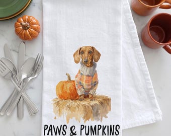 Dachshund Fall Tea Towel, Paws & Pumpkins Dog Kitchen Towel, Dachshund Autumn Decor, Halloween Dog Gift, Fall Tea Towel, Dachshund Gift