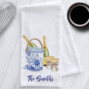Personalized Blue and White Chinoiserie Champagne Bucket Tea Towel, Preppy Tea Towel, Chinoiserie Tea Towel, Personalized Gift, Coquette