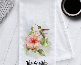 Personalized Hummingbird and Hibiscus Tea Towel, Hummingbird Kitchen Towel, Personalized Mother's Day Gift, Hibiscus Flower, Gift under 20