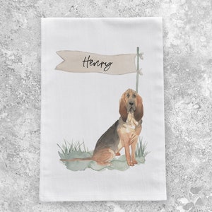 Personalized Bloodhound Dog Kitchen Tea Towel, Dog Lover Gift, Customized Dog Decor, Custom Flour Sack Dish Cloth, Dog Memorial Gift