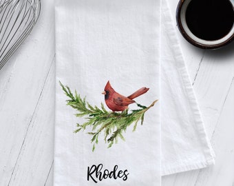 Personalized Cardinal on Branch Kitchen Tea Towel, Personalized Gift, Customized Christmas Decor, Cardinal Tea Towel, Woodland Christmas