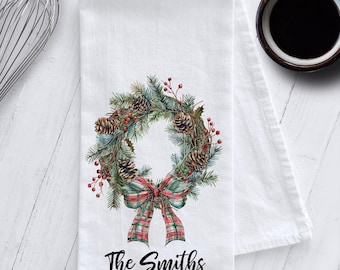 Personalized Christmas Wreath Kitchen Tea Towel, Pine Wreath Tea Towel, Christmas Tea Towel, Pinecone Decor, Christmas Wreath Tea Towel