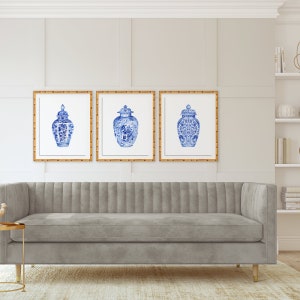 Watercolor B/W Chinoiserie Art Print Set, Chinoiserie Art, Chinoiserie Wall Art, Ming Jars Art, Blue and White Art, Grandmillennial Decor