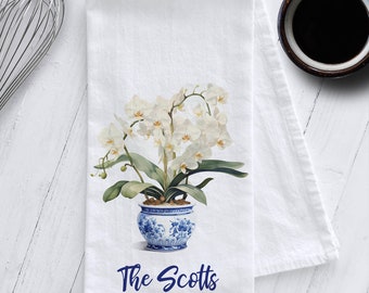 Personalized Orchid Tea Towel, Chinoiserie Tea Towel, Chinoiserie Kitchen Tea Towel, Preppy Tea Towel, Grandmillenial Tea Towel,Mother's Day