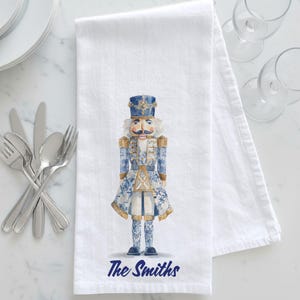 Personalized Blue & White Chinoiserie Nutcracker Tea Towel, Chinoiserie Tea Towel, Personalized Christmas Gift, Chinoiserie Nutcracker