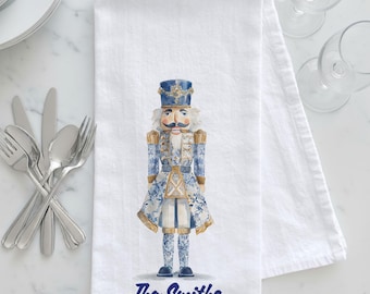 Personalized Blue & White Chinoiserie Nutcracker Tea Towel, Chinoiserie Tea Towel, Personalized Christmas Gift, Chinoiserie Nutcracker
