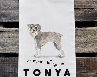 Personalized Schnauzer  Kitchen Tea Towel, Dog Lover Gift, Customized Dog Decor, Custom Flour Sack Dish Cloth, Dog Memorial Gift