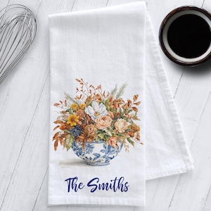 Personalized Fall Flowers in Blue and White Chinoiserie Bowl Tea Towel, Preppy Tea Towel, Chinoiserie Tea Towel, Fall Tea Towel, Cottagecore