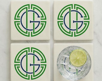 Custom Medallion Monogram Ceramic Coasters Set of 4 | Custom Initial Ceramic Coasters | Preppy Grandmillennial Hostess Gift