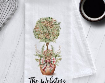 Personalized Christmas Topiary Kitchen Tea Towel, Pinecone Tea Towel, Personalized Gift, Tea Towel Gift, Christmas Tea Towel, Christmas Gift