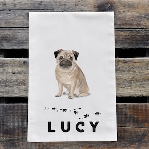 Personalized Pug Kitchen Tea Towel, Dog Lover Gift, Customized Dog Decor, Custom Flour Sack Dish Cloth, Dog Memorial Gift