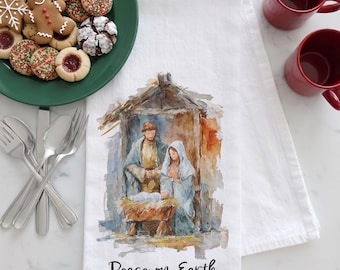 Nativity Scene Christmas Tea Towel – “Peace on Earth” – Christmas Tea Towel, Nativity Tea Towel, Peace on Earth Kitchen Towel