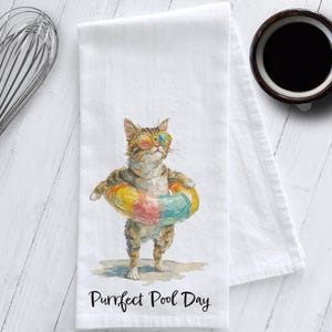 Whimsical Cat Tea Towel – Purrfect Pool Day – 100% Cotton Flour Sack Kitchen Towel – Funny Summer Decor – Cat Lover Gift