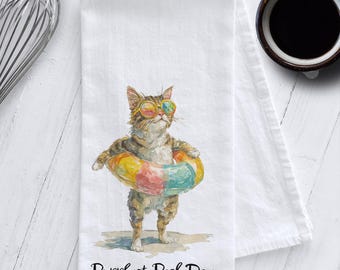 Paño de cocina con diseño de gato – Día de piscina perfecto – Paño de cocina 100 % algodón – Decoración veraniega divertida – Regalo para amantes de los gatos