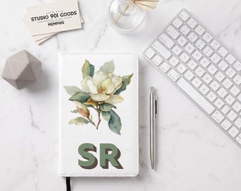 Personalized Journal, Magnolia Flower Custom Monogram Vegan Leather Notebook, Southern Refillable Gift Box for Her